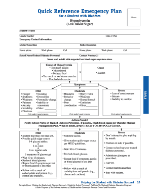 Quick Reference Emergency Plan for a Student with Diabetes  Form
