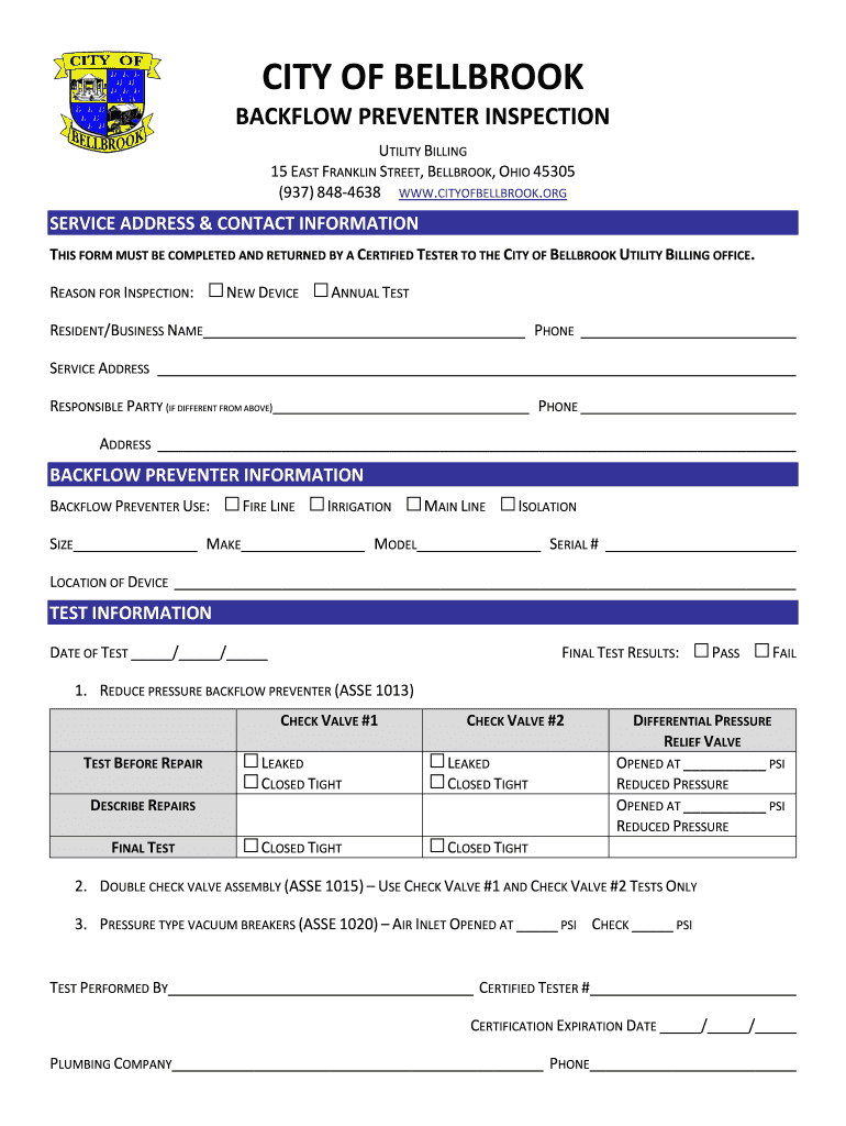 Backflow Preventer Inspection Form  Bellbrook  Cityofbellbrook