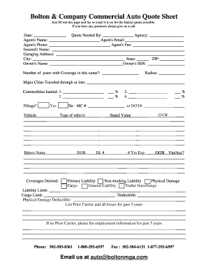 Commercial Insurance Quote Sheet  Form
