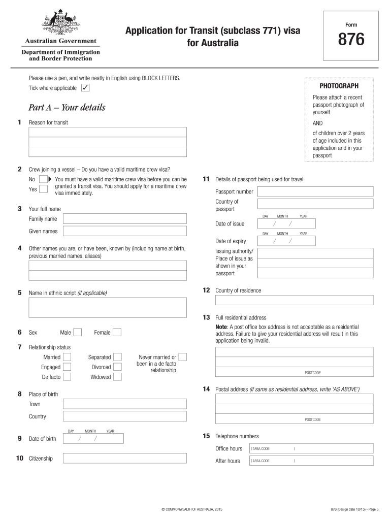 Application for Transit Visa for Australia Subclass 771 Form 876