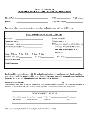 Medication Authorization Form for School