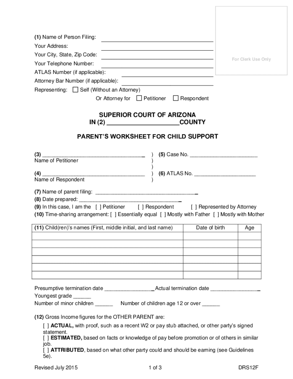  Parent&#039;s Worksheet for Child Support Amount Pinal County Clerk of 2015-2024