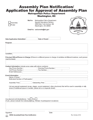 Application for Approval of Assembly Plan Metropolitan Police Mpdc Dc  Form