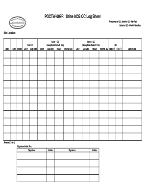 POCTW 009F Urine HCG QC Log Sheet  Form