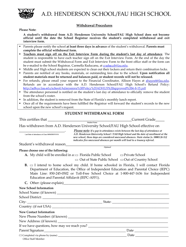 High Withdrawal Form