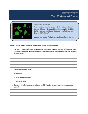 Biointeractive the P53 Gene and Cancer Answer Key  Form