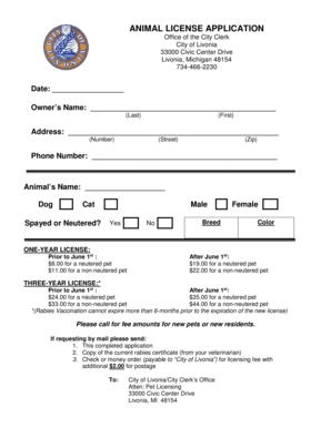 City of Livonia Dog License  Form