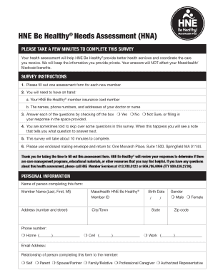 HNE Be Healthy Needs Assessment HNA Health New England  Form