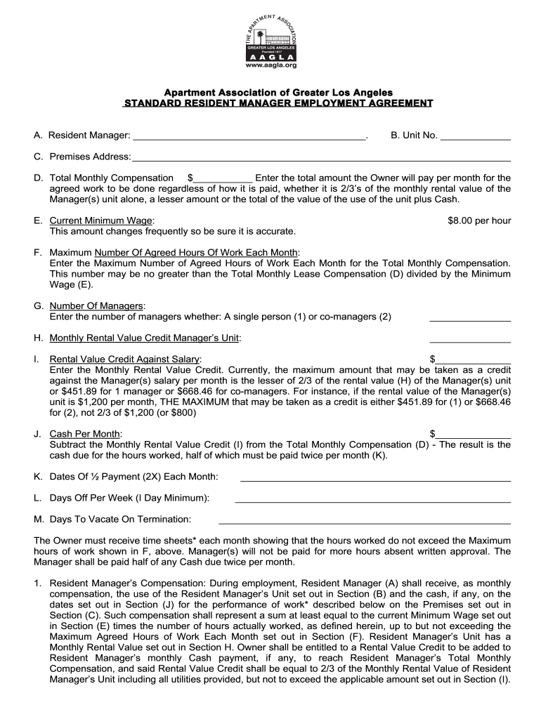 Apartment Association of Greater Los Angeles STANDARD RESIDENT MANAGER EMPLOYMENT AGREEMENT a  Form