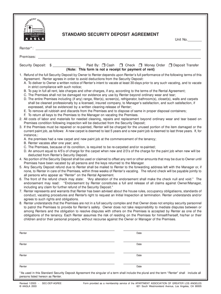 Security Deposit Agreement PDF  Form