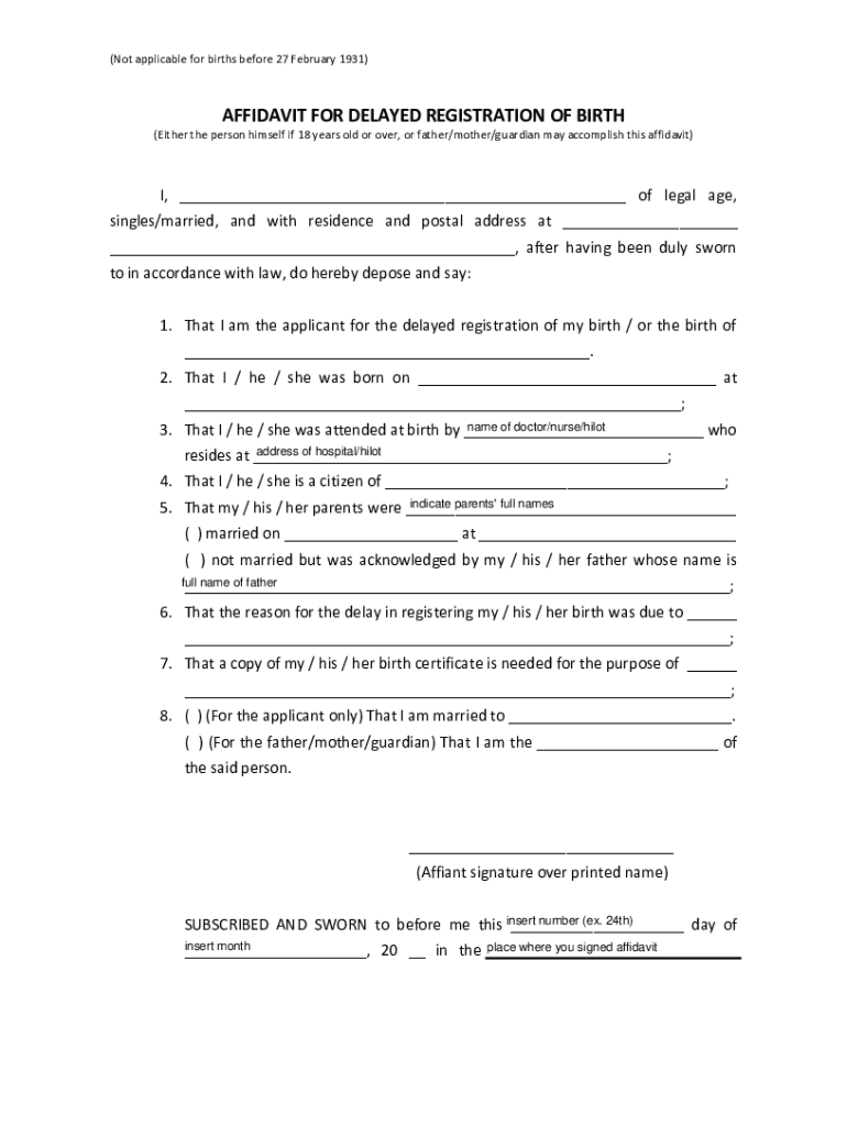 Sample Affidavit for Late Birth Registration  Form