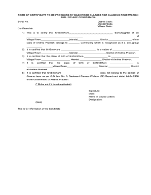 Form of Certificate to Be Produced by Other Backward Classes for Claiming Reservation