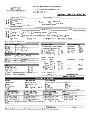 Pets Vaccine Record Arizona Humane Society  Form