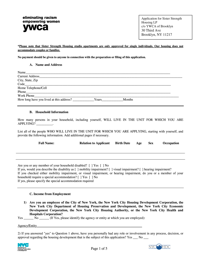 YWCA Studio Apartment Application  Cidny  Form