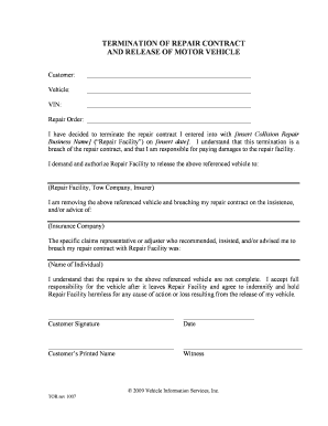 Vehicle Repair Release Form