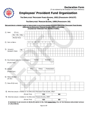 Provident Fund Form 1952 and Pension Scheme Fill Up