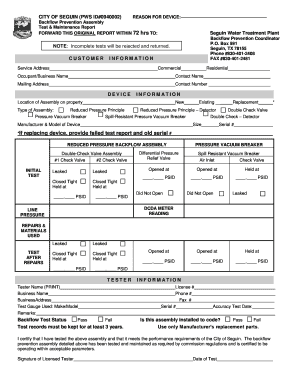 Backflow Test Report City of Seguin Seguintexas  Form