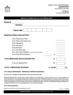 Impervious Area Calculation Worksheet City of Winter Garden  Form