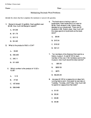 Multiplying Decimals Word Problems  Form