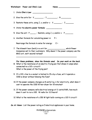 Ohm&#039;s Law Worksheets  Form