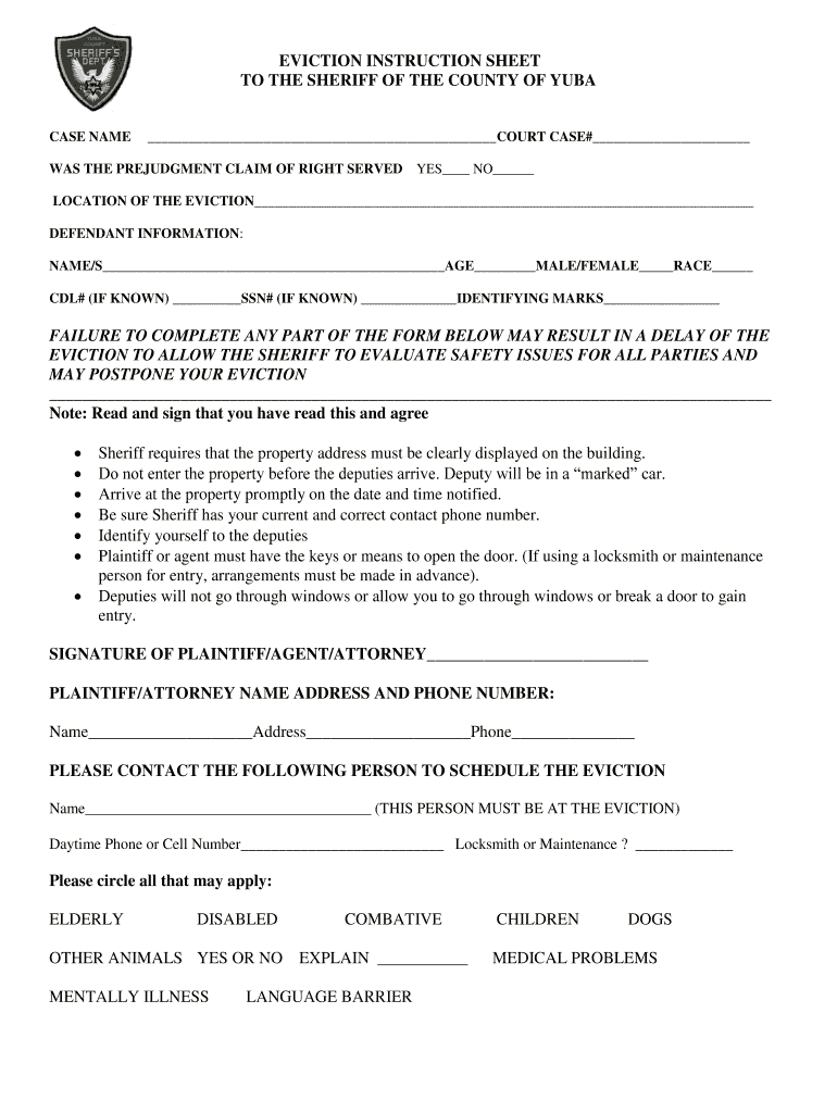 Sample Instruction Sheet to Sheriff  Form