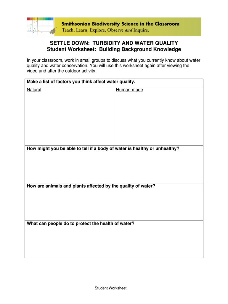 TURBIDITY and WATER QUALITY Student Worksheet National Zoo Nationalzoo Si  Form