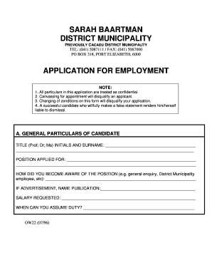 Sarah Baartman District Municipality Application Form