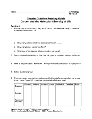 Chapter 3 Active Reading Guide Carbon and the Molecular Diversity of Life Answers  Form