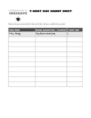 Tshirt Sign Up Sheet  Form