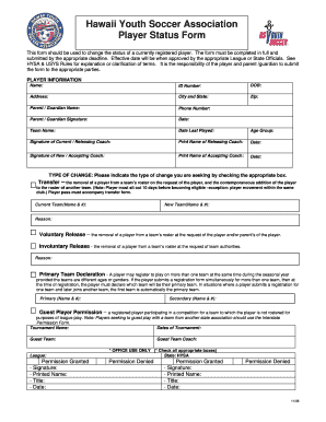 HYSA Player Status Form Hawaii Youth Soccer Association