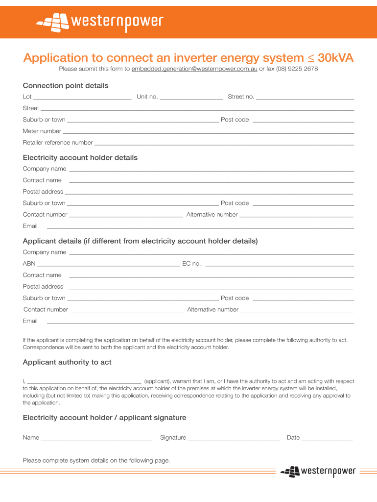 Application to Connect an Inverter Energy System  Western Power  Form