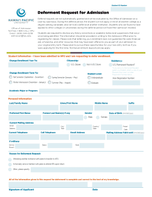 Deferment Request for Admission Hawaii Pacific University Hpu  Form