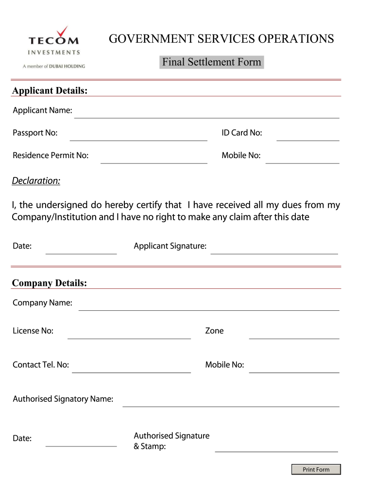 Blank Settlement Sheet  Form