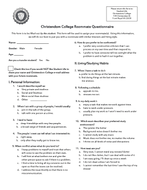 Roommate Questionnaire for Adults PDF  Form