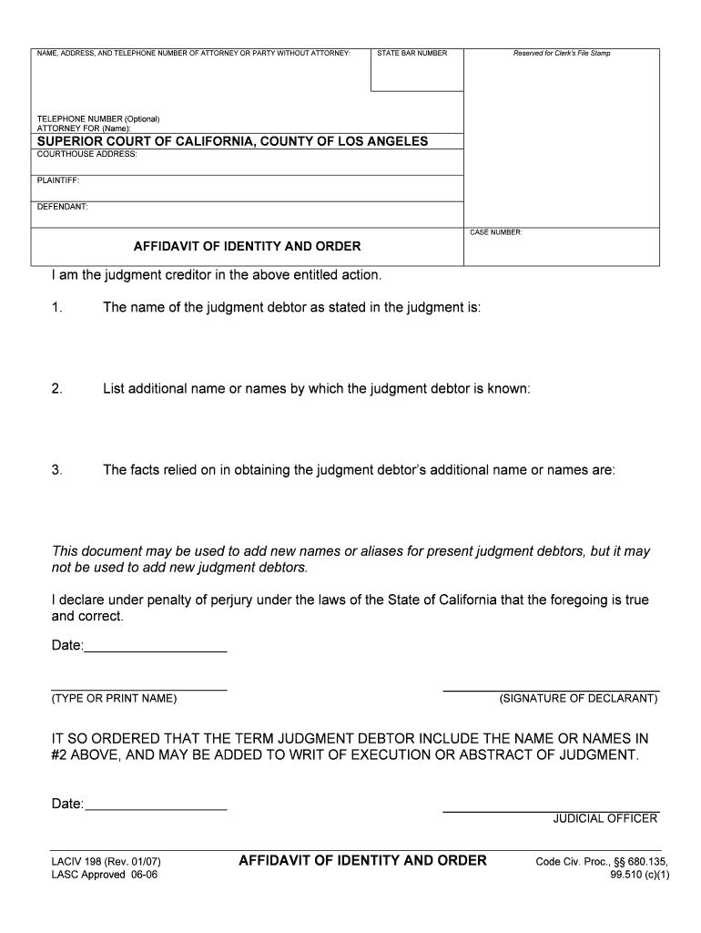  Affidavit of Identity Form California 2007