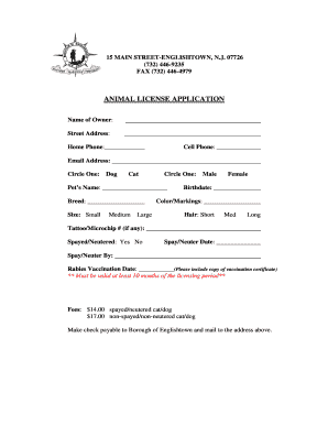 Pet License Application Borough of Englishtown  Form