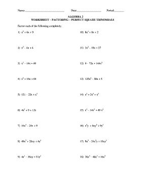 Perfect Square Trinomial Worksheet  Form