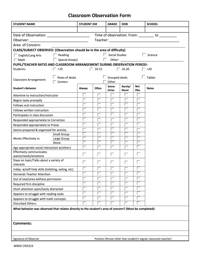 Comments for Student Teacher Observations  Form