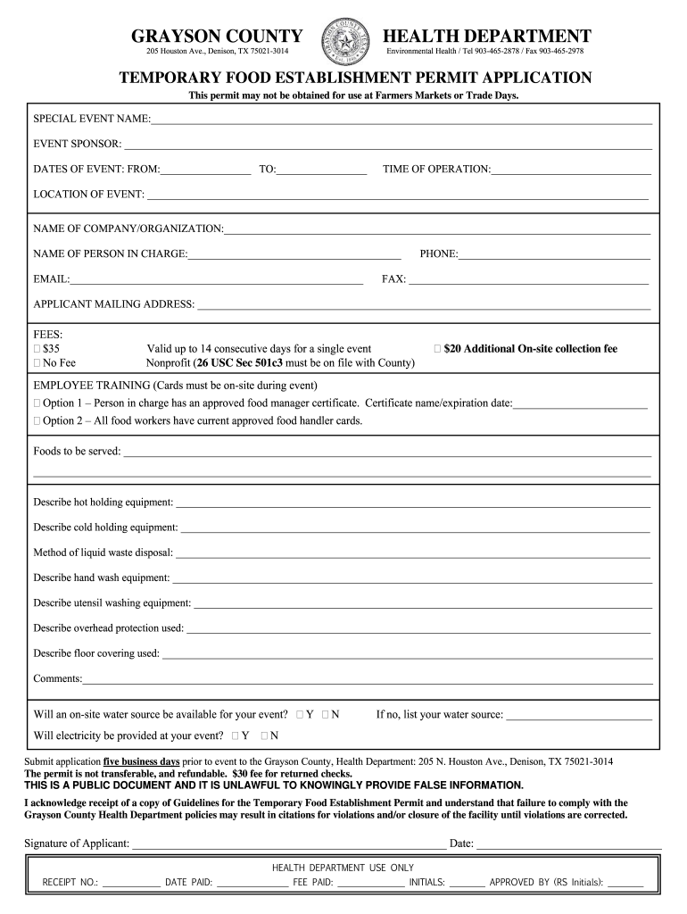  Temporary Food Permit Application  Grayson County Texas 2015-2024