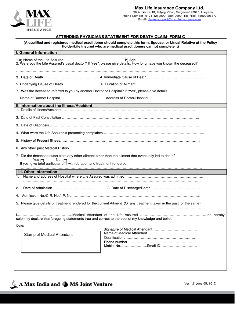  Physicians Statement Death Claim Form 2012-2024