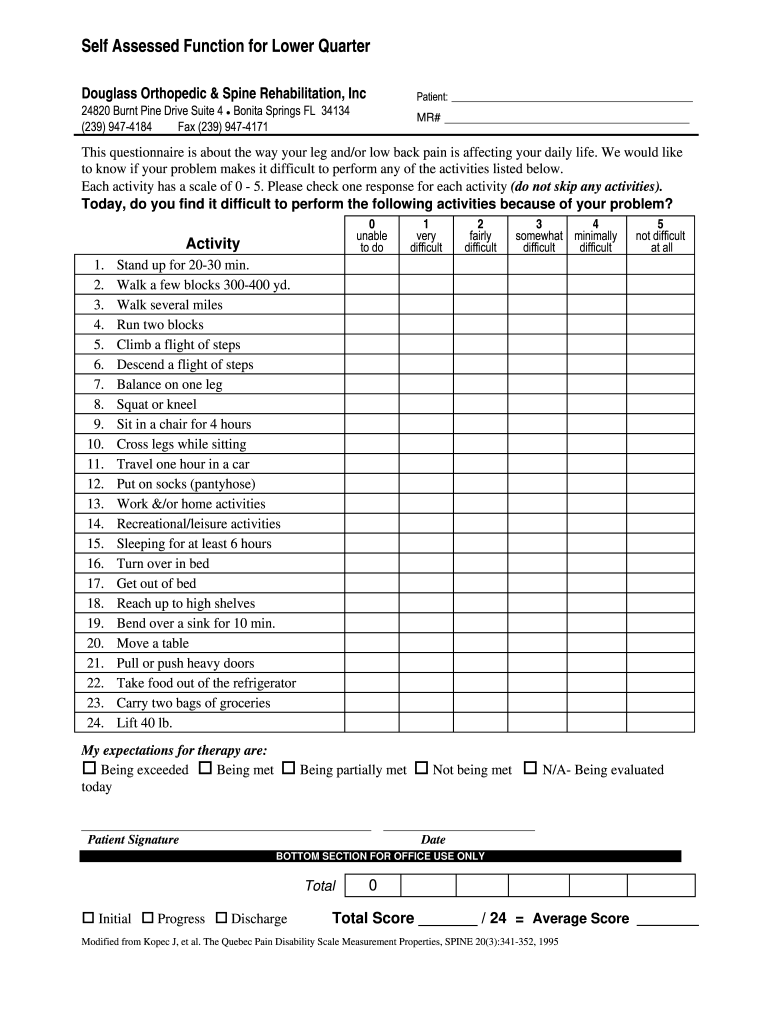 Self Assessed Function for the Lower Quarter  Form