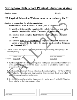 Springboro High School Physical Education Waiver Student Springboro  Form