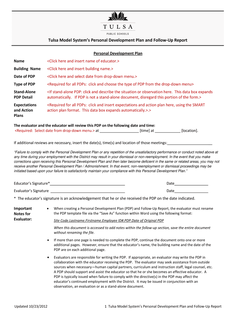  Tulsa Model Systems Personal Development Plan and Follow Up  Tulsaschools 2012-2024