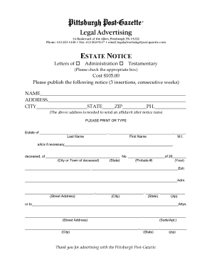 ESTATE NOTICE Pittsburgh Post Gazette  Form