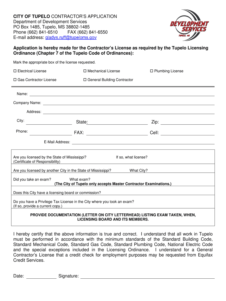 CITY of TUPELO CONTRACTORS APPLICATION  Tupeloms  Form