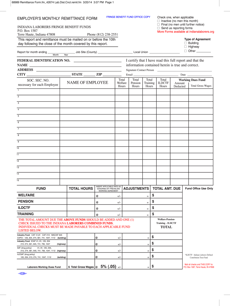  Indiana Laborers Fringe Benefit Funds Form 2014