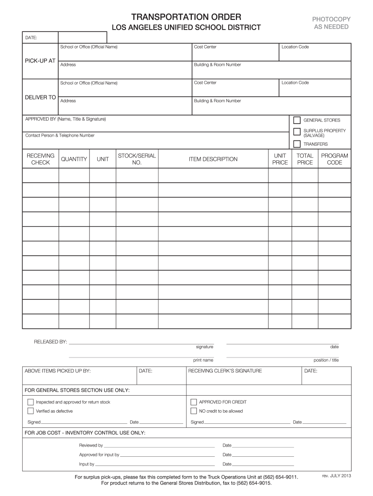  TRANSPORTATION ORDER Los Angeles Unified School District 2013-2024