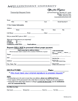 Mid Continent University Transcript Request  Form