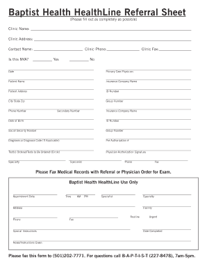 Baptist Health HealthLine Referral Sheet  Form