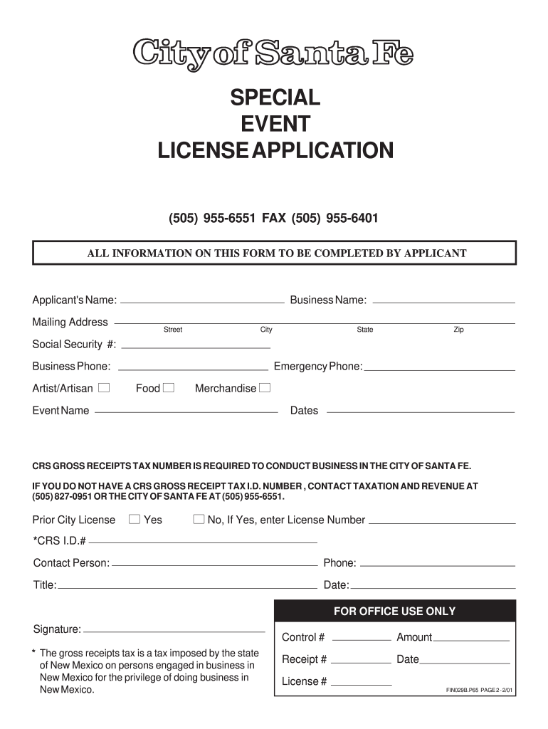  City of Santa Fe Special Event License Application Form 2001-2024